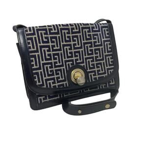 Balmain Vintage Monogram Canvas & Leather Crossbody Bag Navy Gold Hardware